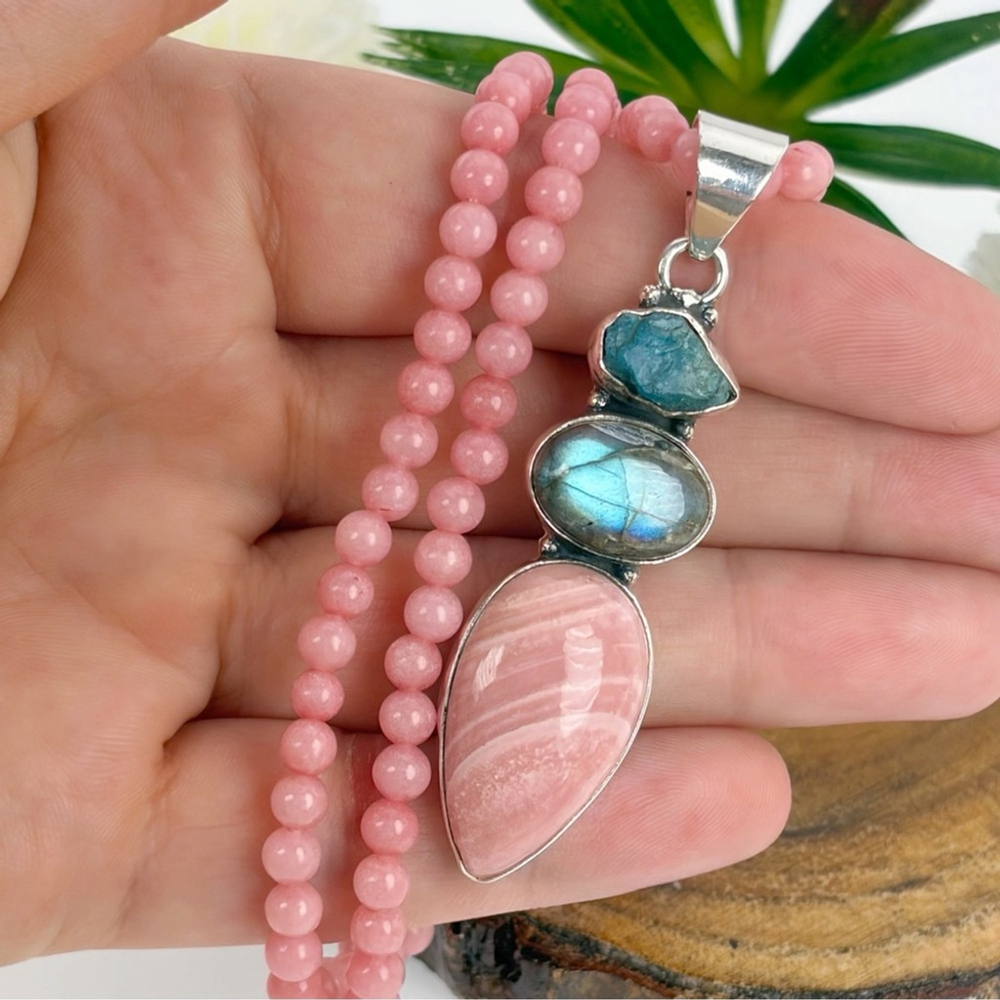 Raw Apatite Labradorite & Pink Opal Cluster Pendant Necklace Southwest Boho 925
